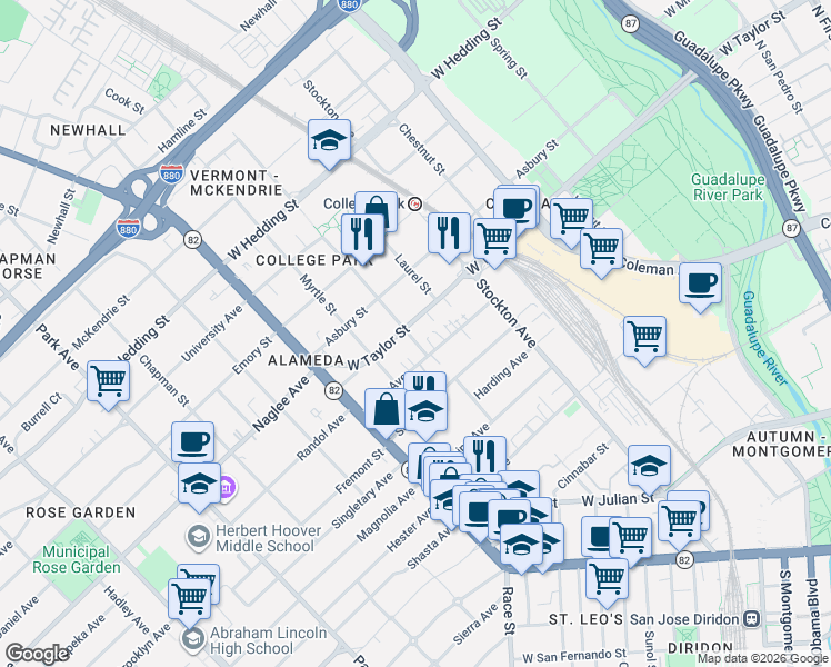 map of restaurants, bars, coffee shops, grocery stores, and more near 929 Villa Avenue in San Jose