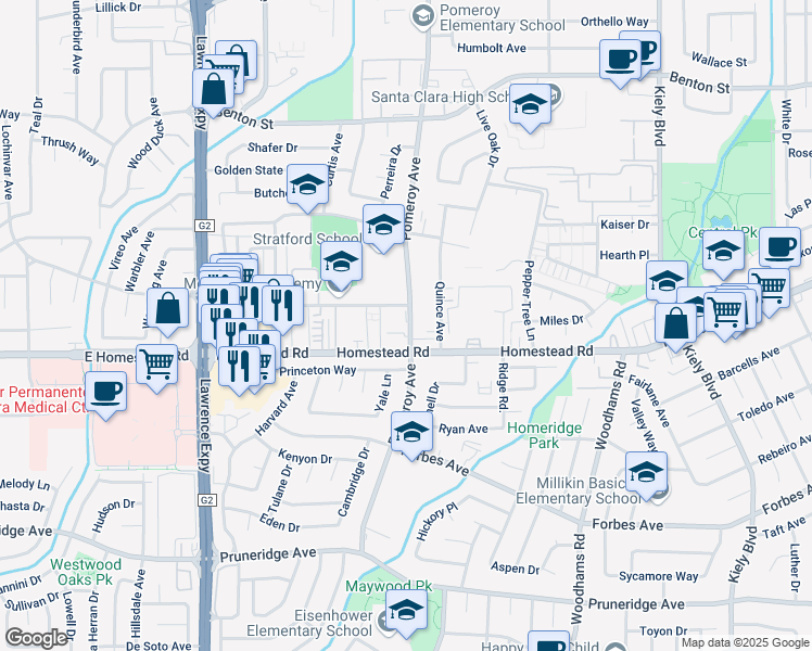 map of restaurants, bars, coffee shops, grocery stores, and more near in Santa Clara