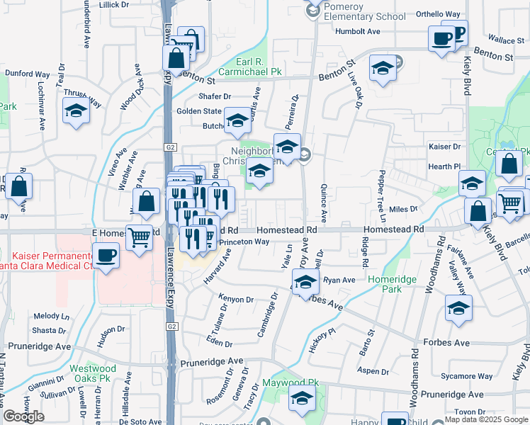 map of restaurants, bars, coffee shops, grocery stores, and more near 801 Cherry Orchard Place in Santa Clara