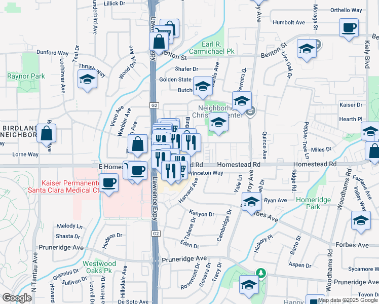 map of restaurants, bars, coffee shops, grocery stores, and more near 3455 Homestead Road in Santa Clara