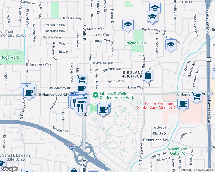 map of restaurants, bars, coffee shops, grocery stores, and more near 915 East Homestead Road in Sunnyvale