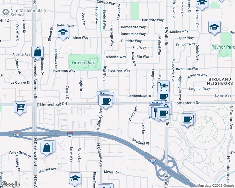 map of restaurants, bars, coffee shops, grocery stores, and more near 737 East Homestead Road in Sunnyvale