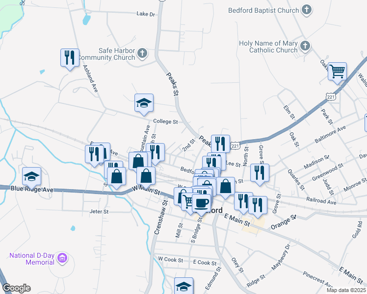 map of restaurants, bars, coffee shops, grocery stores, and more near Burwell Way in Bedford