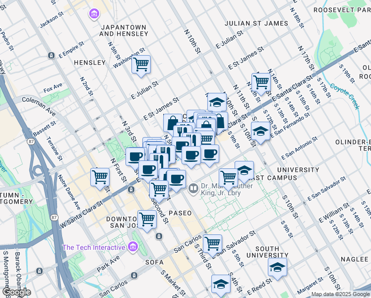map of restaurants, bars, coffee shops, grocery stores, and more near 235 East Santa Clara Street in San Jose
