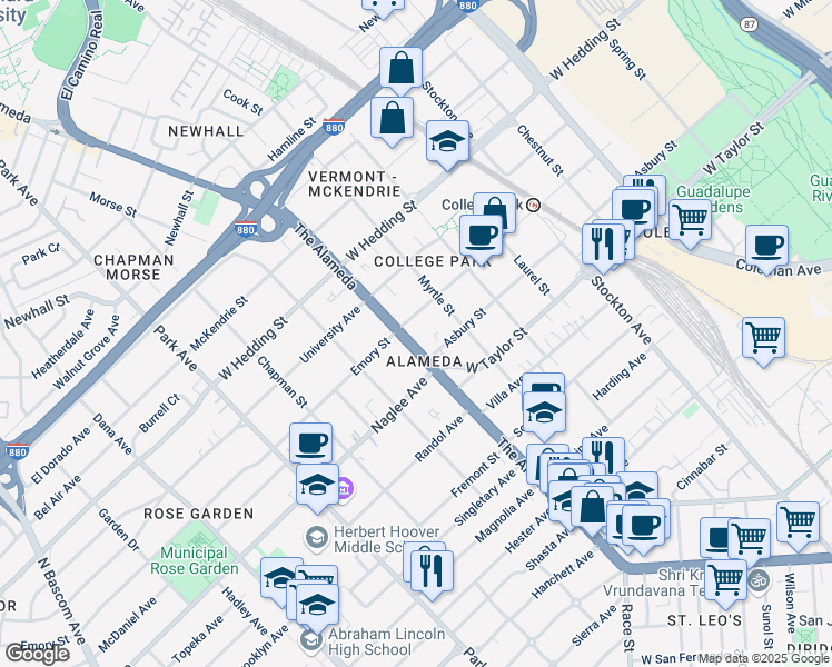 map of restaurants, bars, coffee shops, grocery stores, and more near 1786 The Alameda in San Jose