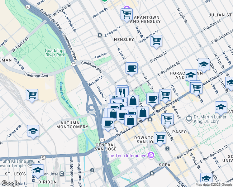 map of restaurants, bars, coffee shops, grocery stores, and more near 225 North Market Street in San Jose