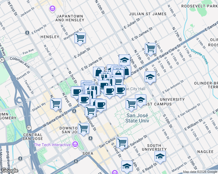 map of restaurants, bars, coffee shops, grocery stores, and more near 10800 Ridgeview Way in San Jose
