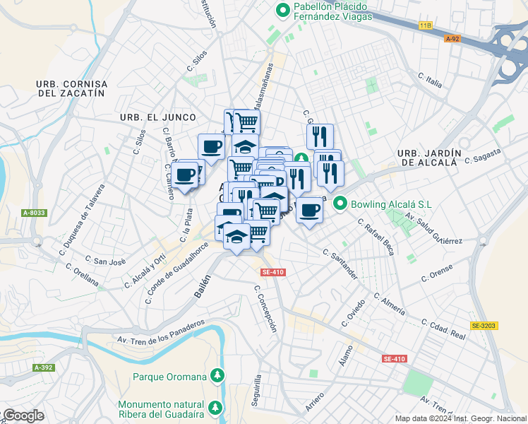 map of restaurants, bars, coffee shops, grocery stores, and more near 46 Calle Mairena in Alcalá de Guadaíra