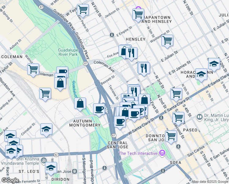 map of restaurants, bars, coffee shops, grocery stores, and more near 254 Terraine Street in San Jose