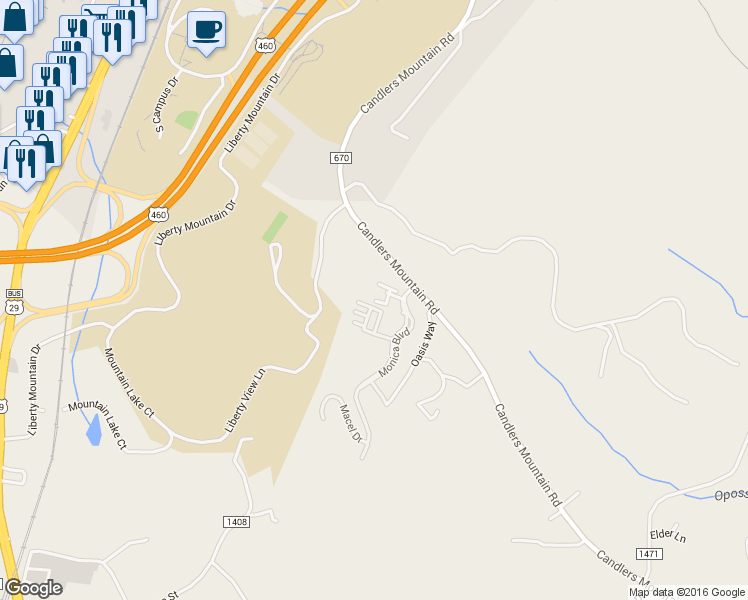 map of restaurants, bars, coffee shops, grocery stores, and more near 98 Warner Rose Place in Lynchburg