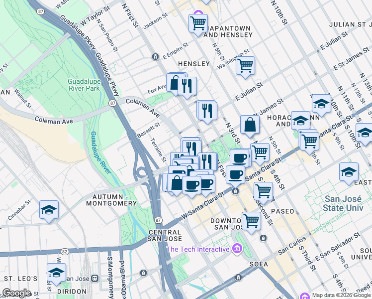 map of restaurants, bars, coffee shops, grocery stores, and more near 225 North Market Street in San Jose