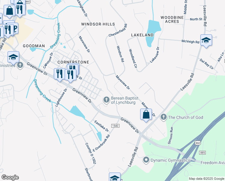 map of restaurants, bars, coffee shops, grocery stores, and more near 1037 Morey Place in Lynchburg