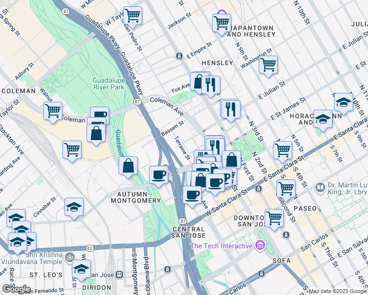 map of restaurants, bars, coffee shops, grocery stores, and more near 254 Terraine Street in San Jose