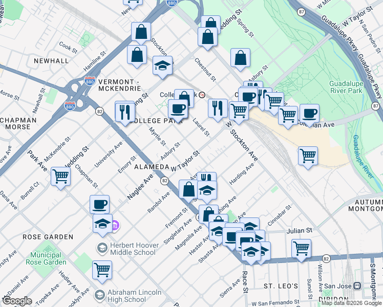 map of restaurants, bars, coffee shops, grocery stores, and more near 935 West Taylor Street in San Jose