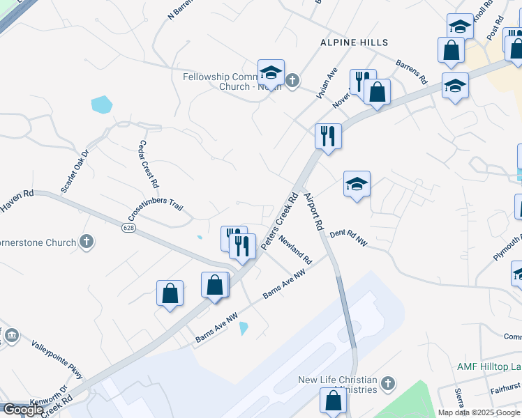 map of restaurants, bars, coffee shops, grocery stores, and more near 6804 Woodcreeper Drive in Hollins