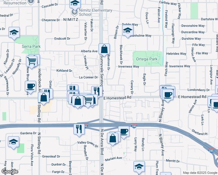 map of restaurants, bars, coffee shops, grocery stores, and more near 140 Locksunart Way in Sunnyvale