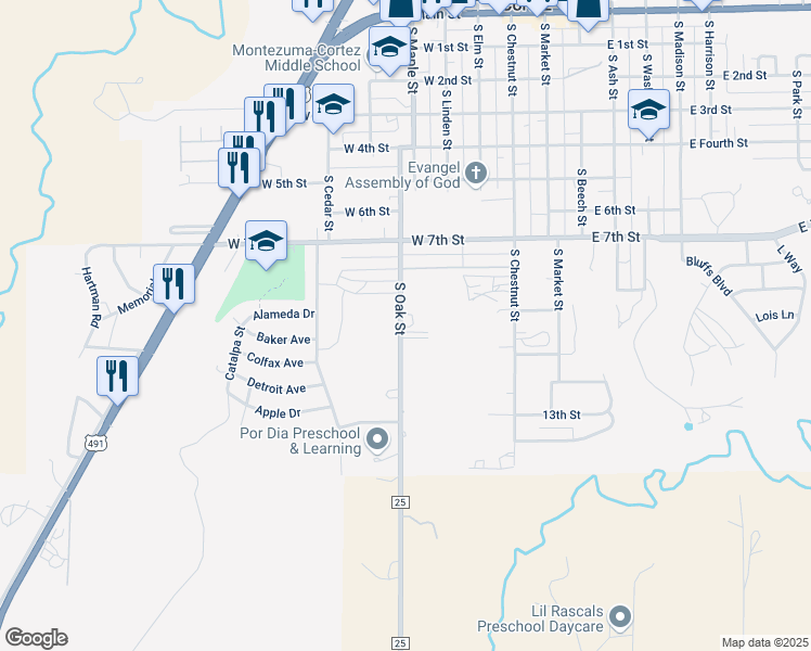 map of restaurants, bars, coffee shops, grocery stores, and more near 901 South Oak Street in Cortez