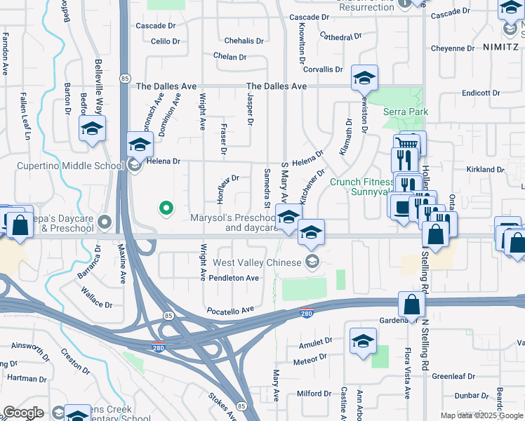 map of restaurants, bars, coffee shops, grocery stores, and more near 1640 Kamsack Drive in Sunnyvale