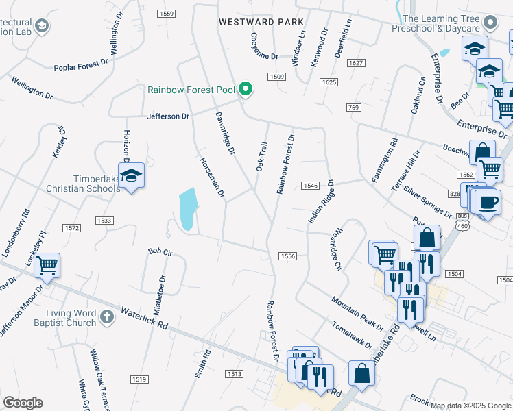 map of restaurants, bars, coffee shops, grocery stores, and more near 86 Dawnridge Drive in Lynchburg