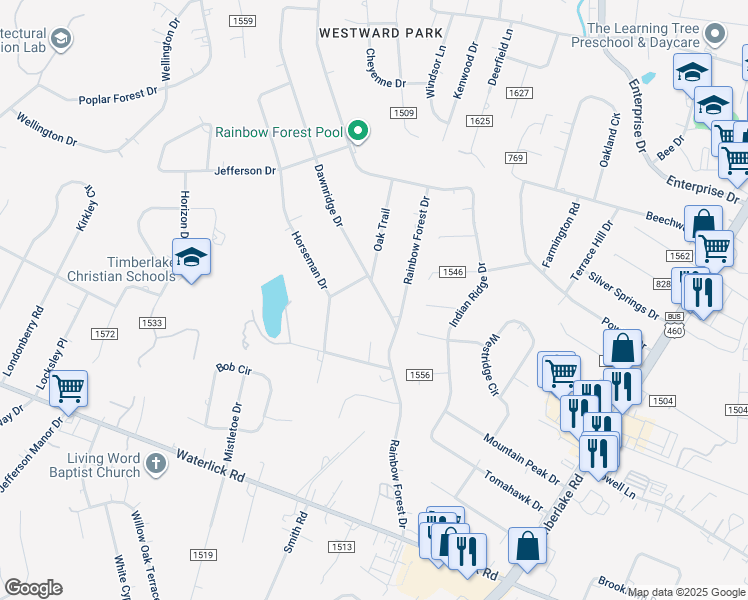 map of restaurants, bars, coffee shops, grocery stores, and more near 86 Dawnridge Drive in Lynchburg