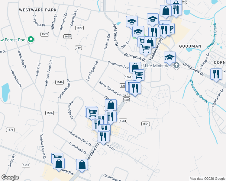 map of restaurants, bars, coffee shops, grocery stores, and more near County Road 828 in Timberlake