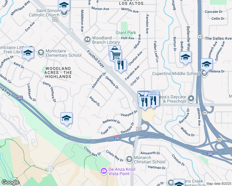 map of restaurants, bars, coffee shops, grocery stores, and more near 5349 Beechwood Lane in Los Altos