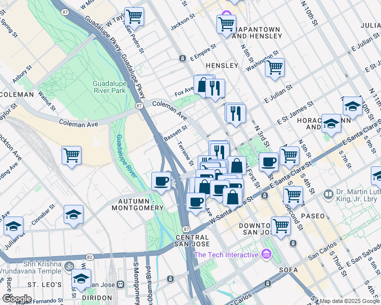 map of restaurants, bars, coffee shops, grocery stores, and more near 238 Element Rd in San Jose