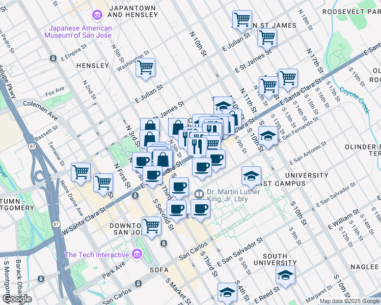 map of restaurants, bars, coffee shops, grocery stores, and more near 231 East Santa Clara Street in San Jose