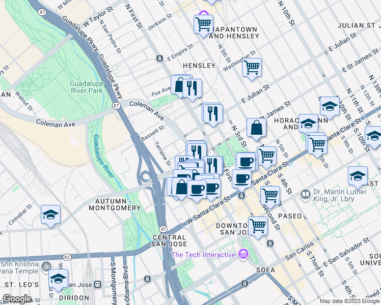 map of restaurants, bars, coffee shops, grocery stores, and more near 79 Devine Street in San Jose