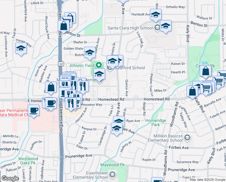 map of restaurants, bars, coffee shops, grocery stores, and more near 3335 Homestead Road in Santa Clara