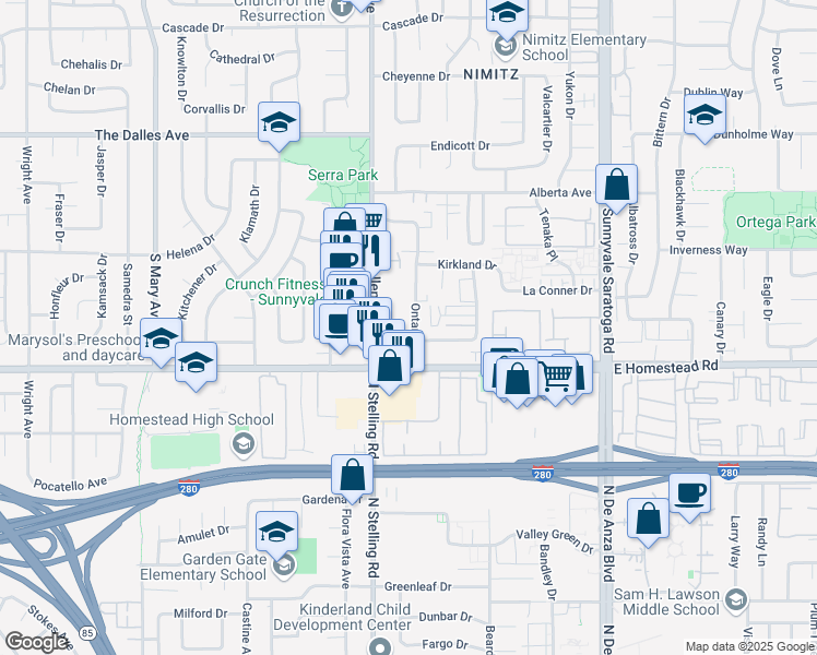 map of restaurants, bars, coffee shops, grocery stores, and more near 1657 Ontario Drive in Sunnyvale