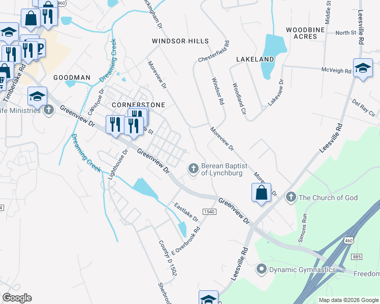 map of restaurants, bars, coffee shops, grocery stores, and more near 103 Meridian Street in Lynchburg