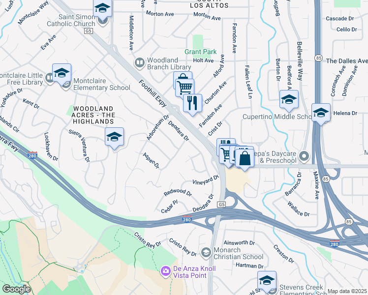 map of restaurants, bars, coffee shops, grocery stores, and more near 5349 Beechwood Lane in Los Altos