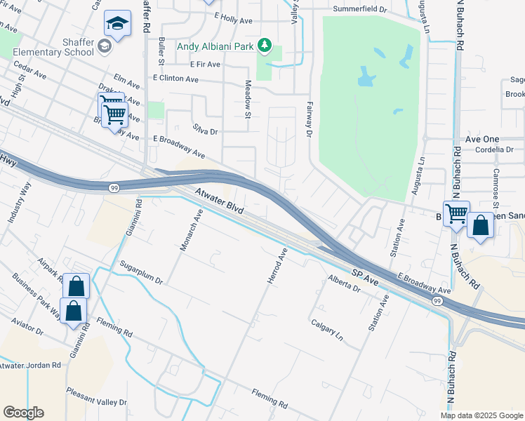 map of restaurants, bars, coffee shops, grocery stores, and more near 3500 Atwater Boulevard in Atwater