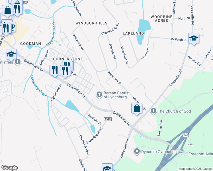 map of restaurants, bars, coffee shops, grocery stores, and more near 1037 Morey Place in Lynchburg