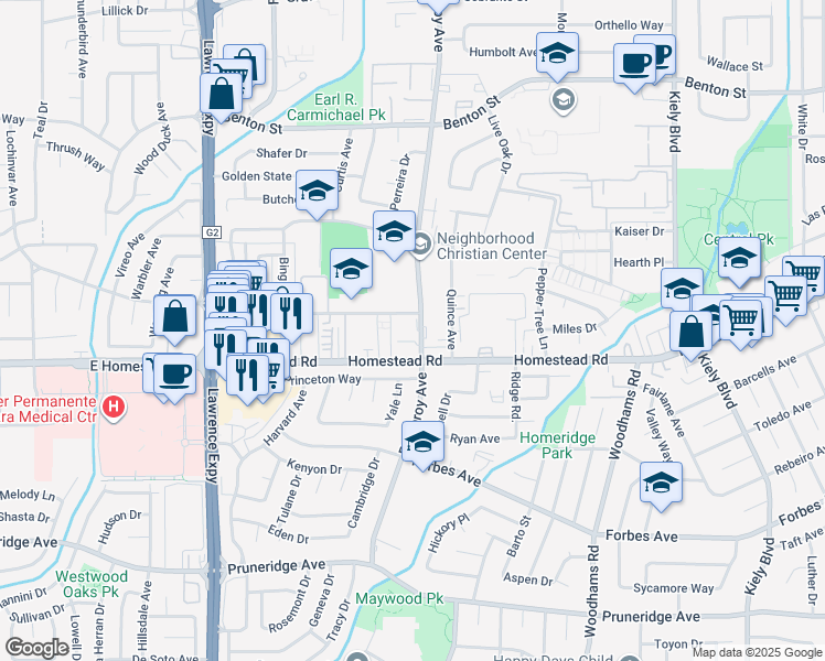 map of restaurants, bars, coffee shops, grocery stores, and more near 836 Pomeroy Avenue in Santa Clara
