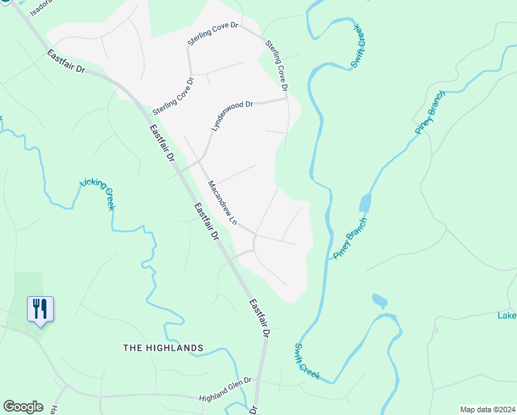map of restaurants, bars, coffee shops, grocery stores, and more near 8224 Macandrew Place in Chesterfield