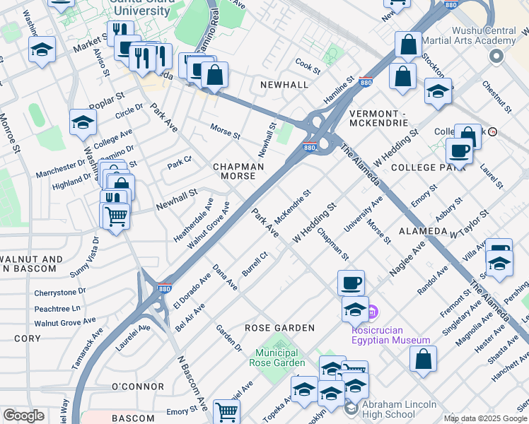 map of restaurants, bars, coffee shops, grocery stores, and more near 1980 Park Avenue in San Jose