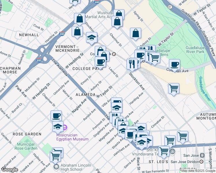 map of restaurants, bars, coffee shops, grocery stores, and more near 935 West Taylor Street in San Jose