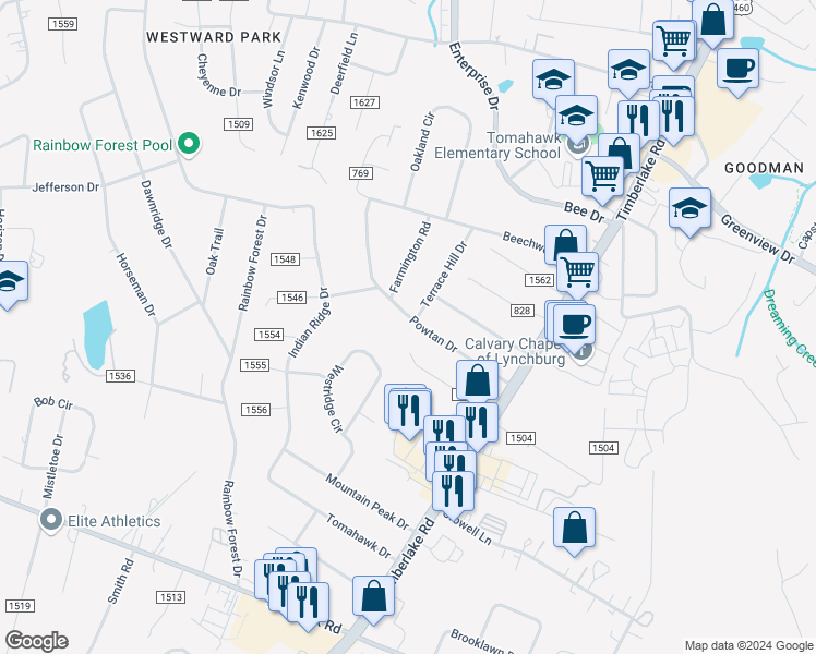 map of restaurants, bars, coffee shops, grocery stores, and more near 264 Powtan Drive in Lynchburg