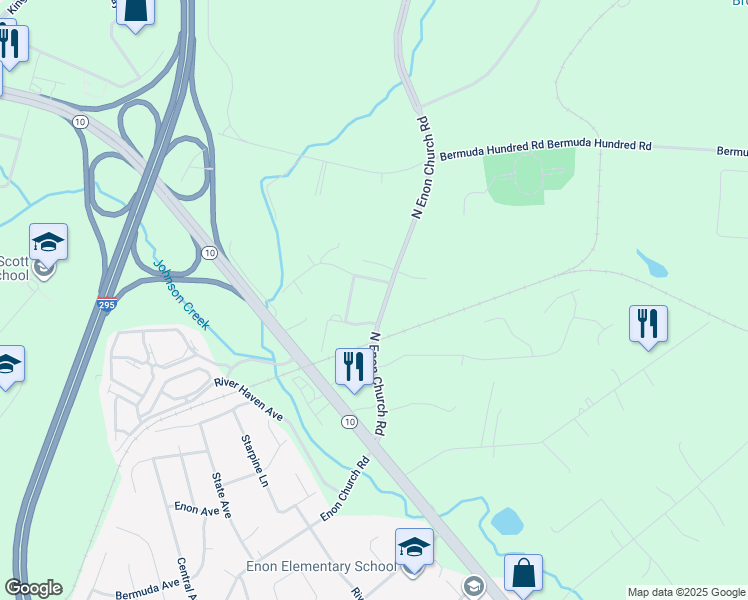map of restaurants, bars, coffee shops, grocery stores, and more near 13808 North Enon Church Road in Chester