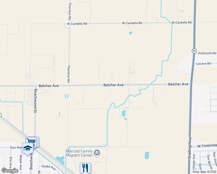 map of restaurants, bars, coffee shops, grocery stores, and more near 1905 Belcher Avenue in Merced