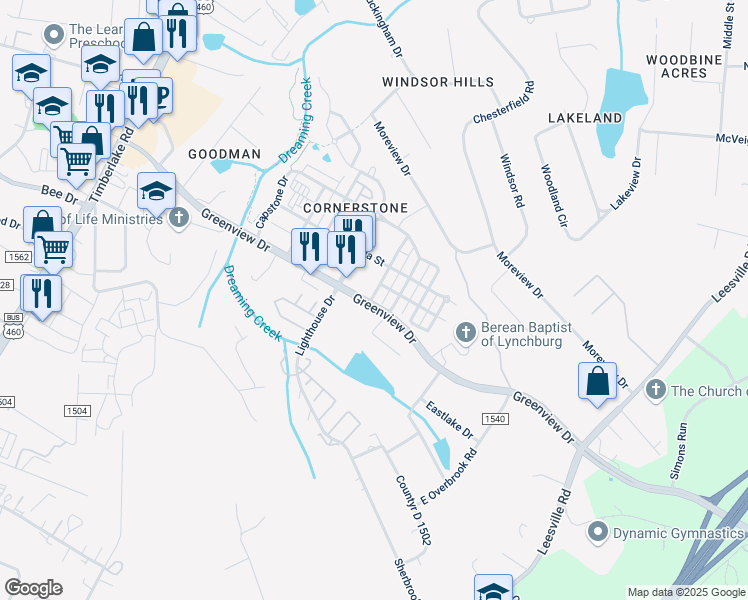 map of restaurants, bars, coffee shops, grocery stores, and more near 1300 Greenview Drive in Lynchburg