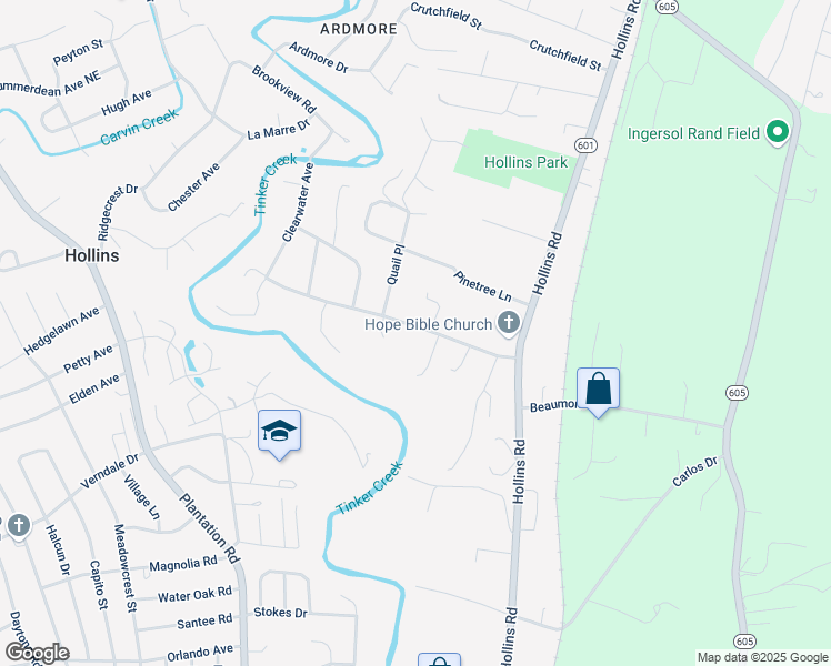 map of restaurants, bars, coffee shops, grocery stores, and more near 6622 Trevilian Road in Roanoke