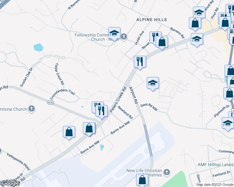 map of restaurants, bars, coffee shops, grocery stores, and more near 6745 Woodcreeper Drive in Roanoke
