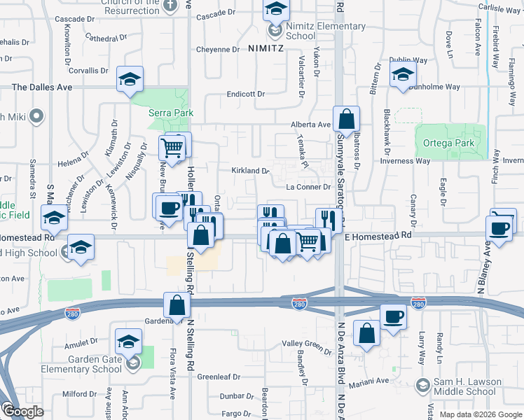 map of restaurants, bars, coffee shops, grocery stores, and more near 1630 Queen Charlotte Drive in Sunnyvale