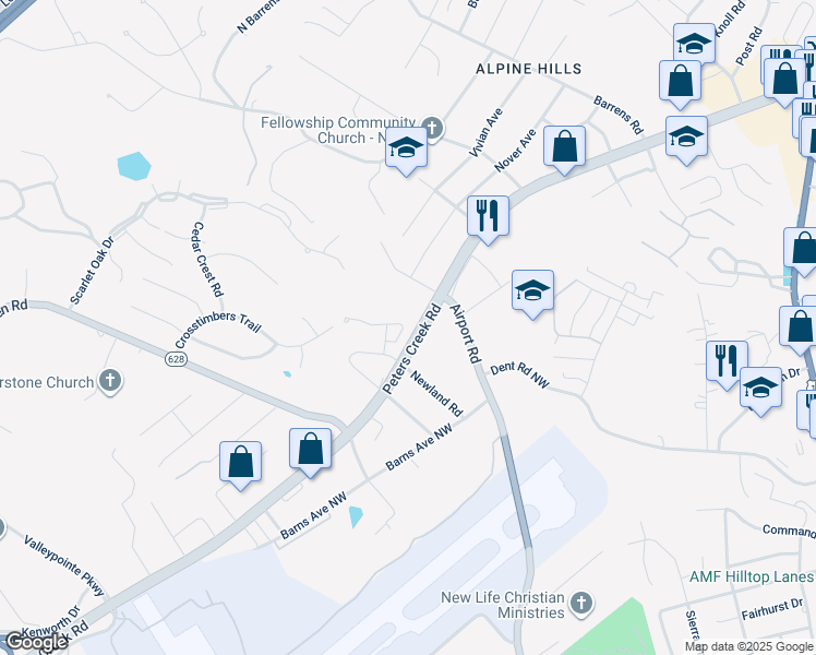 map of restaurants, bars, coffee shops, grocery stores, and more near 6745 Woodcreeper Drive in Roanoke