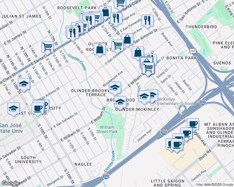 map of restaurants, bars, coffee shops, grocery stores, and more near 380 South 20th Street in San Jose