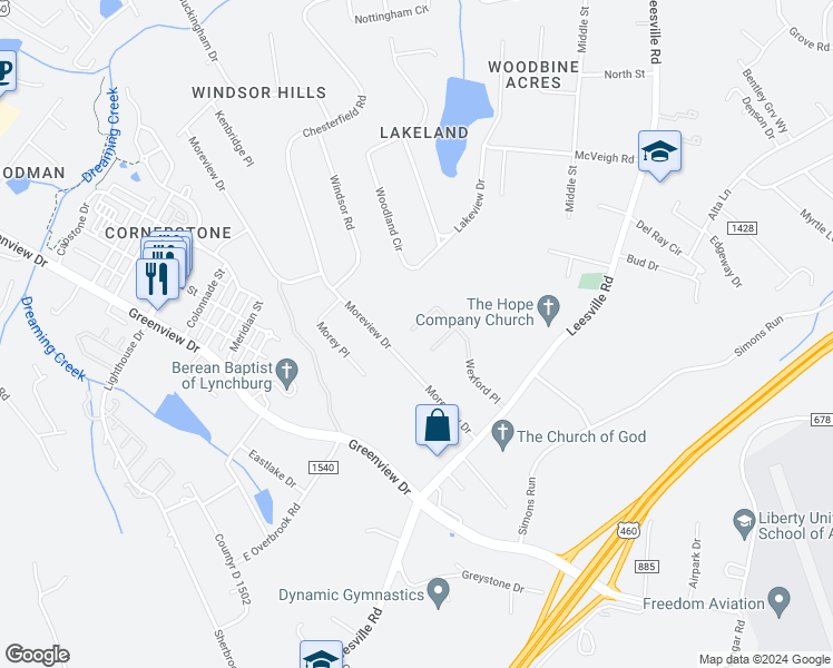 map of restaurants, bars, coffee shops, grocery stores, and more near 505 Barrington Way in Lynchburg