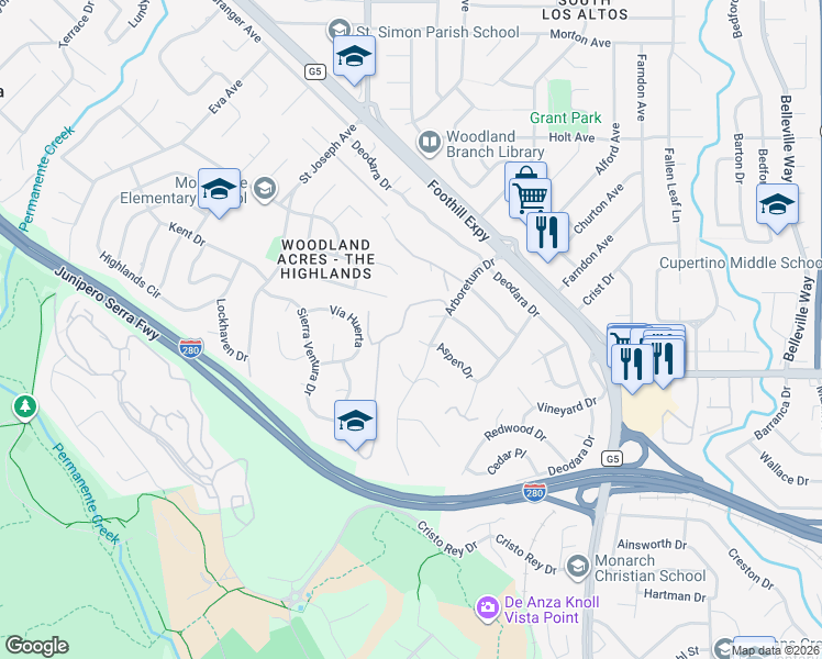 map of restaurants, bars, coffee shops, grocery stores, and more near 460 Aspen Way in Los Altos